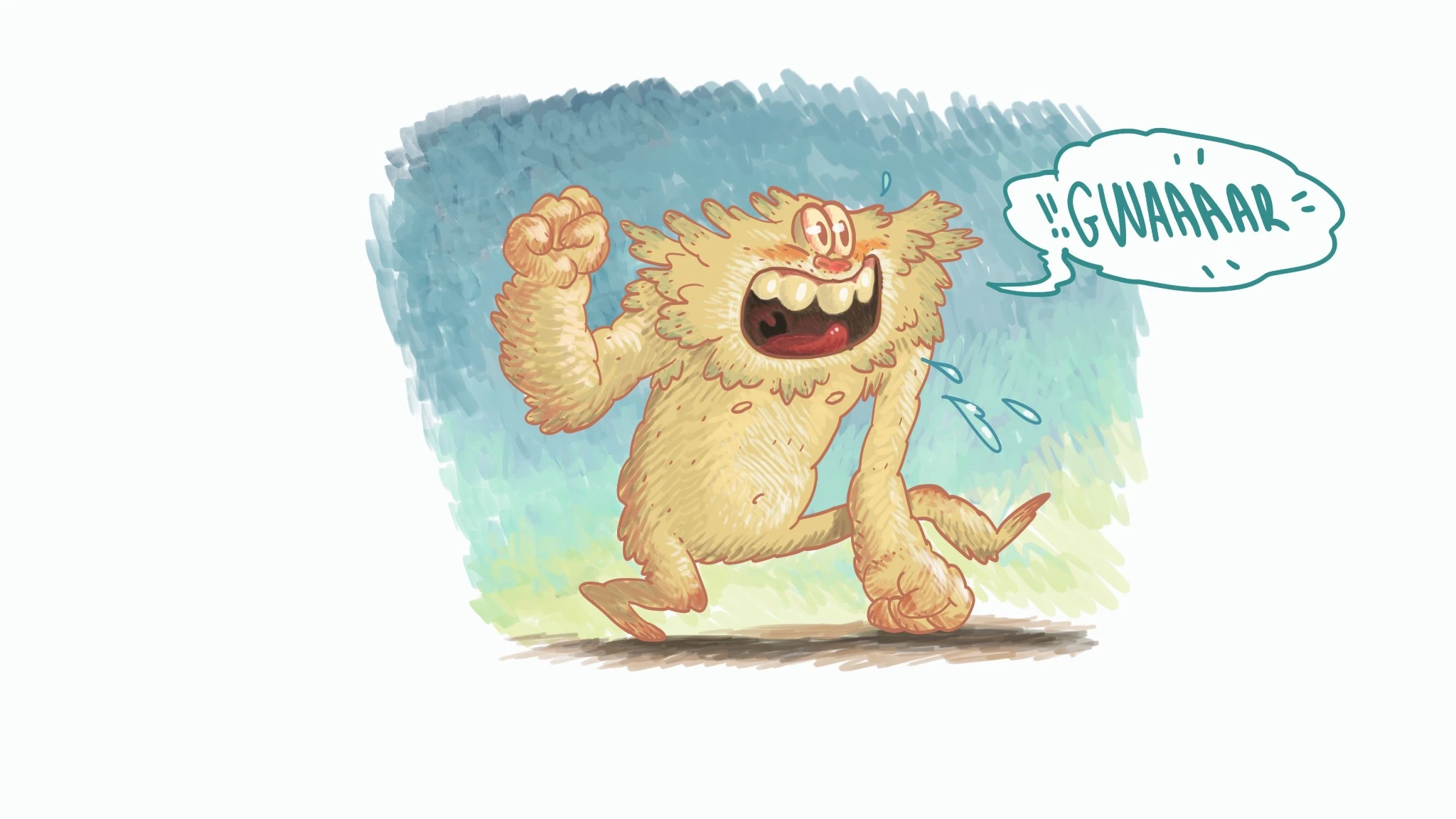 An expressive yellow furry creature roaring, illustrated by Dave Cooper