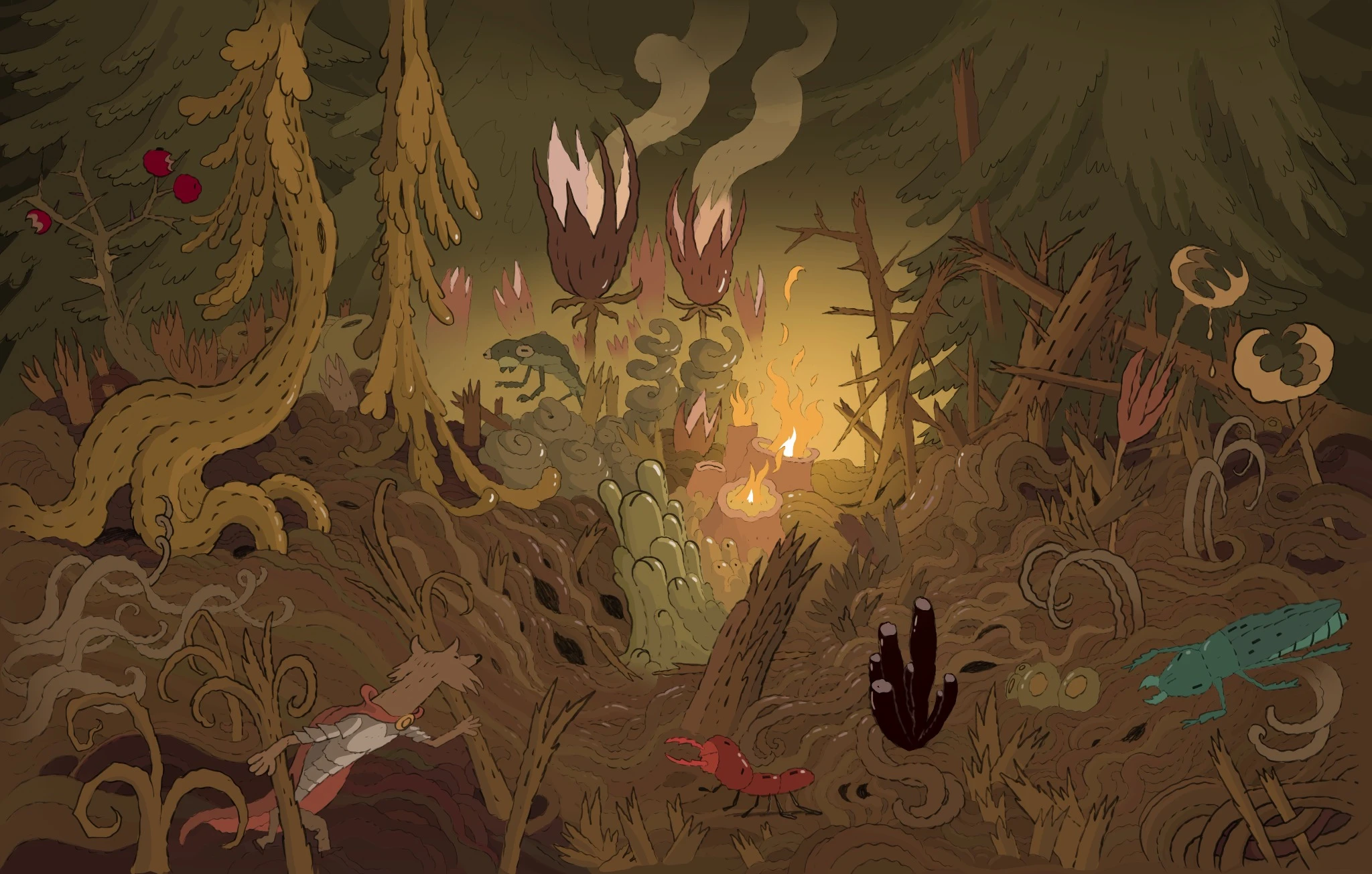 An eerie forest of twisting trees and fantastical plants illuminated by a warm glow