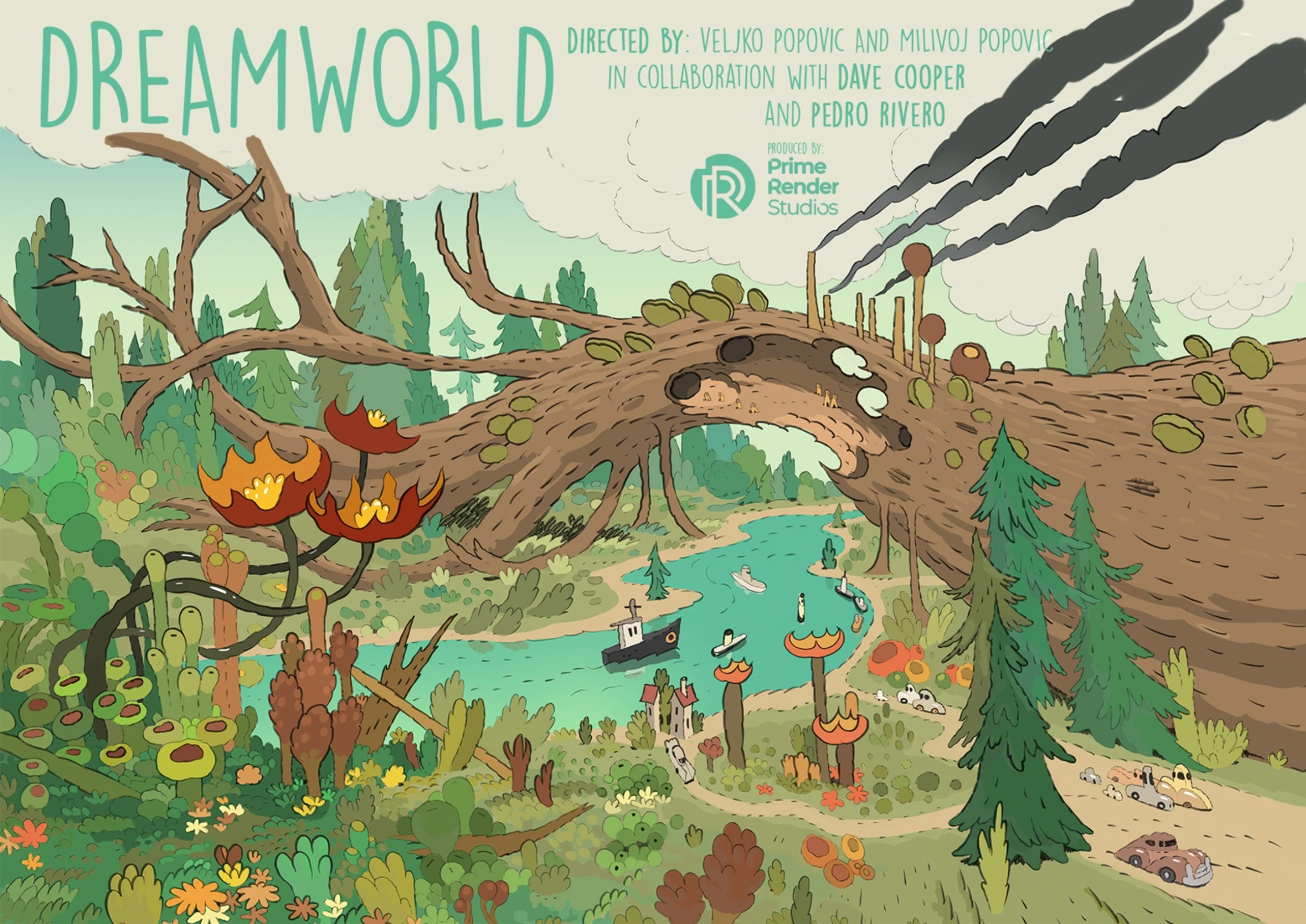 Dreamworld poster with the film title, filmmaker credits, and an illustrated forest world