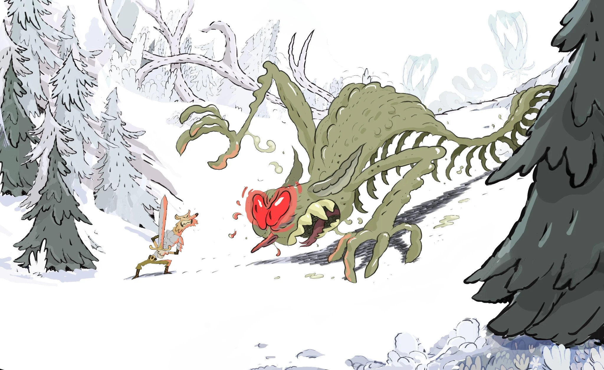 A small sword-wielding warrior faces an enormous green creature in a snowy forest